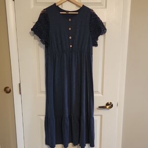 Maternity Blue Dress with Lace Sleeves